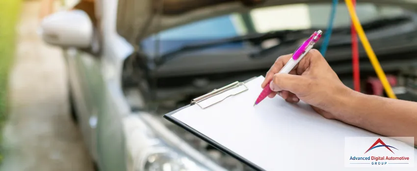 ADAG - Close-up of hands writing on a clipboard with a car with an open hood in the background 