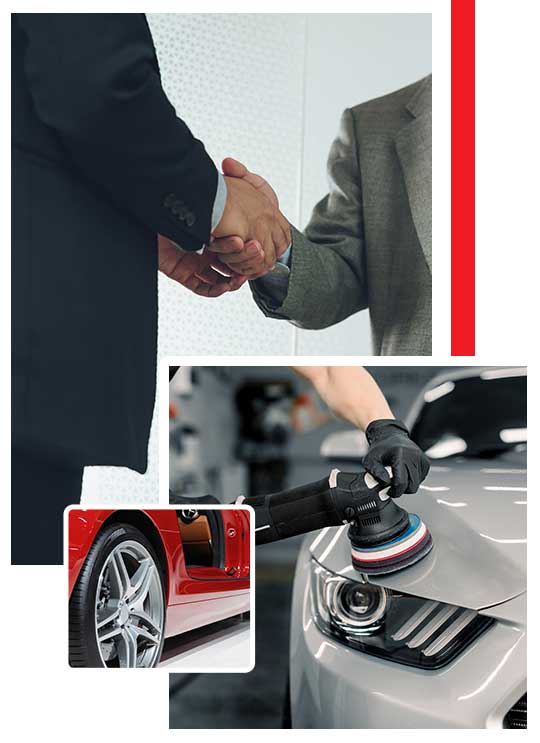 Two gentle man shaking hands, tires and auto detailing.